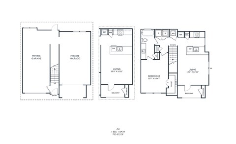 Floor plan for 1 bed, 1 bath, 833 sqft